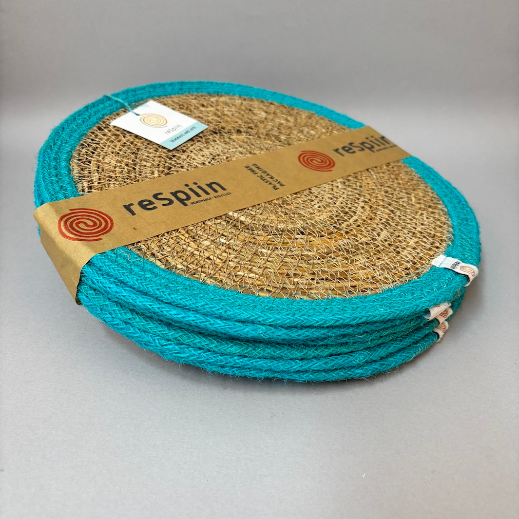 Set of 6 Seagrass & Jute Tablemats - Natural/Turquoise
