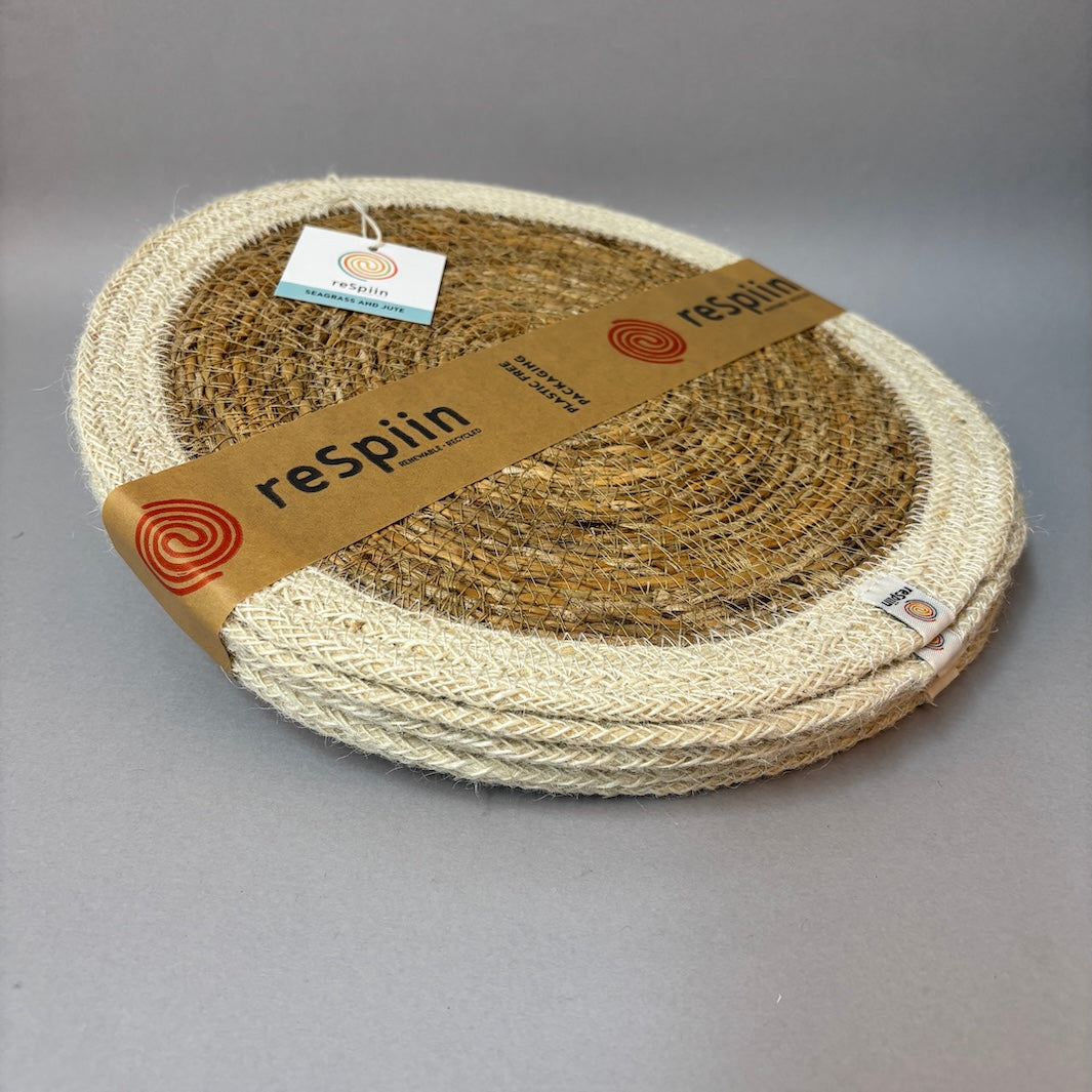 Set of 6 Seagrass & Jute Tablemats - Natural/White