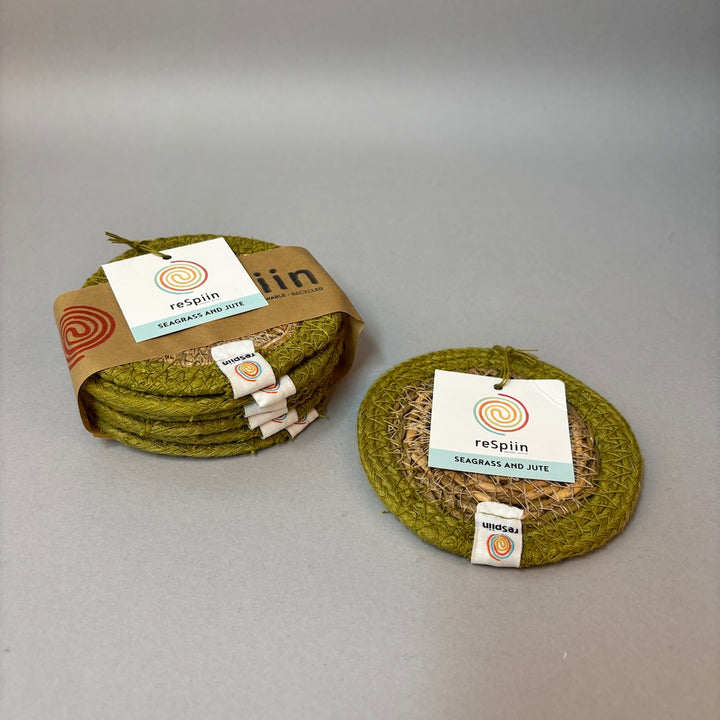 Set of 6 Seagrass & Jute Coasters - Natural/Green