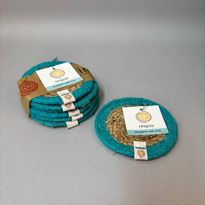 Set of 6 Seagrass & Jute Coasters - Natural/Turquoise