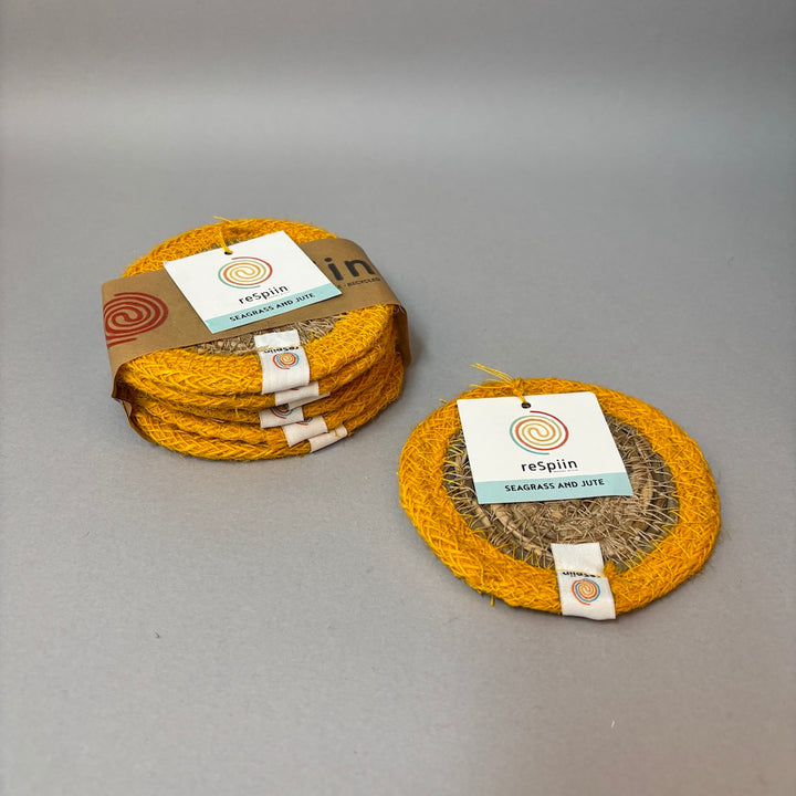 Set of 6 Seagrass & Jute Coasters - Natural/Yellow