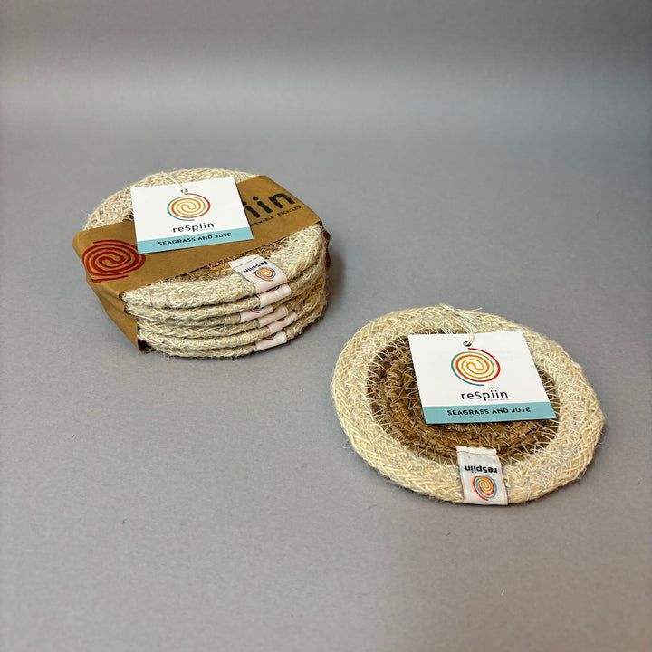 Set of 6 Seagrass & Jute Coasters - Natural/White
