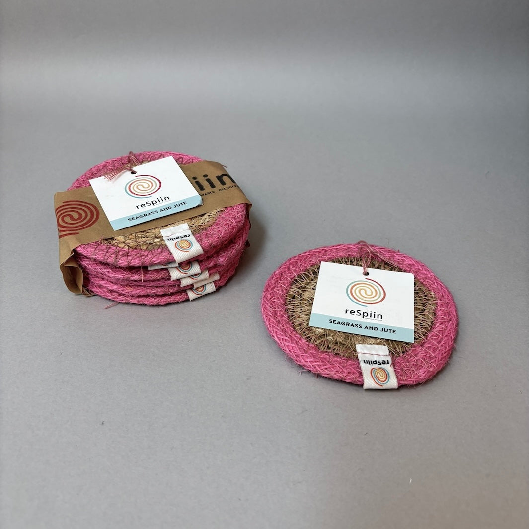 Set of 6 Seagrass & Jute Coasters - Natural/Pink