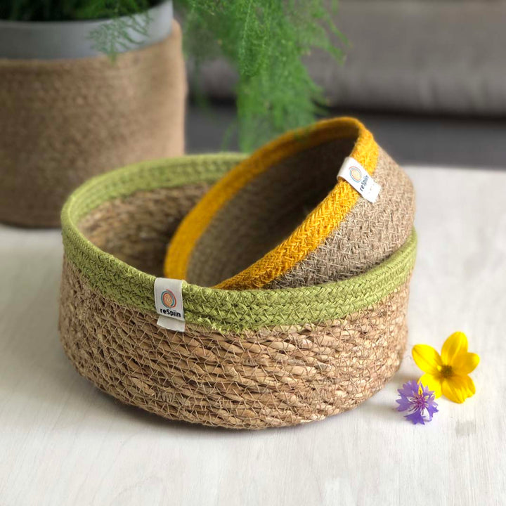 Jute Small Shallow Basket - Natural/Yellow