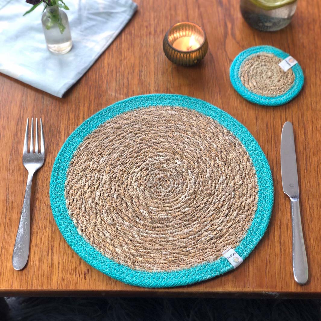 Seagrass & Jute Coaster - Natural/Turquoise