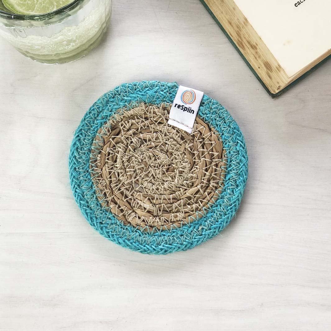 Seagrass & Jute Coaster - Natural/Turquoise
