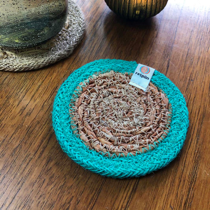 Seagrass & Jute Coaster - Natural/Turquoise