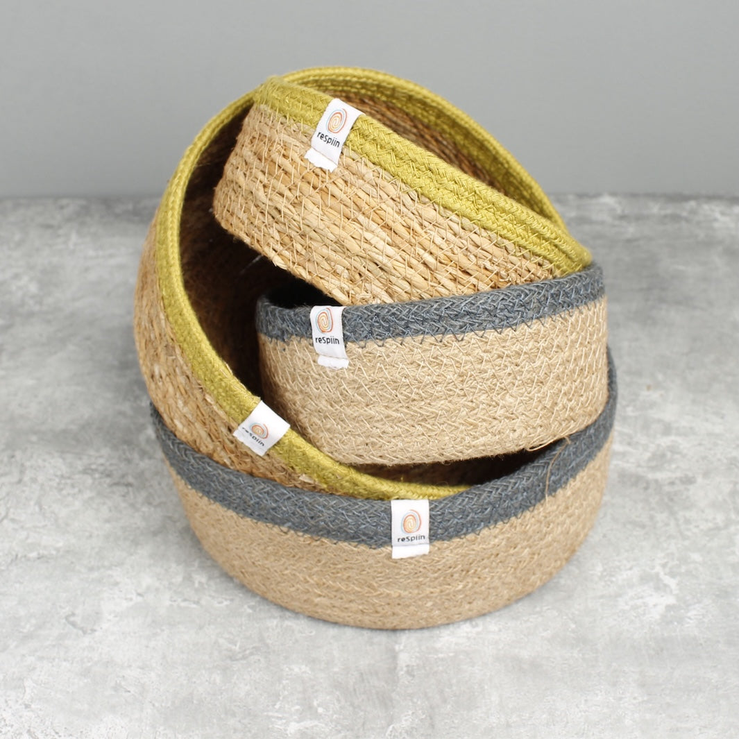 Seagrass & Jute Shallow Basket Set of 2 - Natural/Green