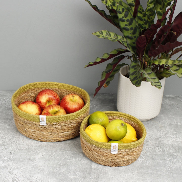 Seagrass & Jute Shallow Basket Set of 2 - Natural/Green
