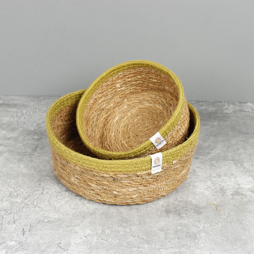Seagrass & Jute Shallow Basket Set of 2 - Natural/Green
