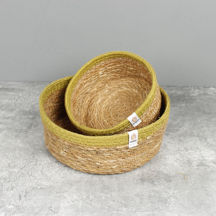 Seagrass & Jute Shallow Basket Set of 2 - Natural/Green