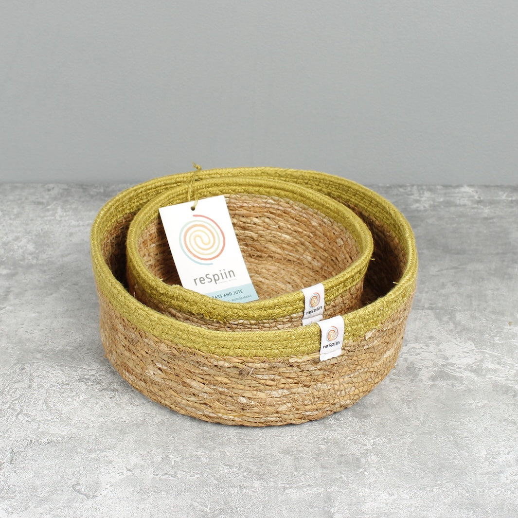 Seagrass & Jute Shallow Basket Set of 2 - Natural/Green