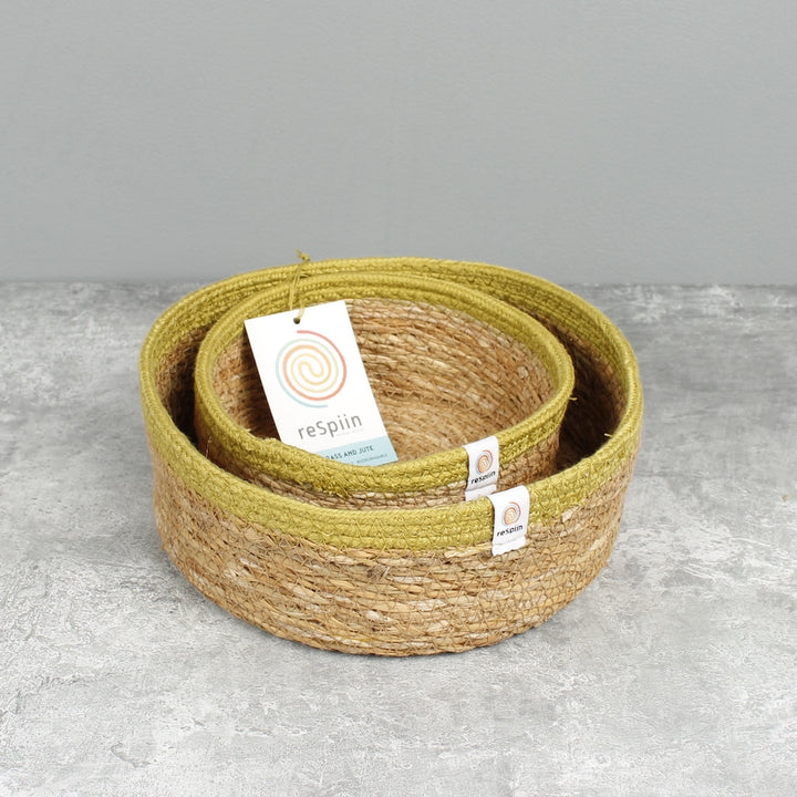 Seagrass & Jute Shallow Basket Set of 2 - Natural/Green