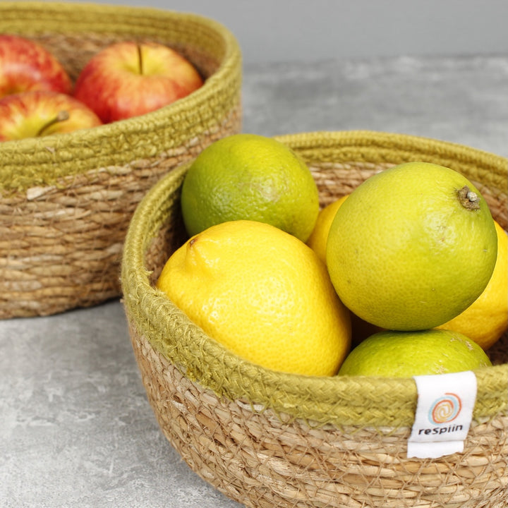 Seagrass & Jute Shallow Basket Set of 2 - Natural/Green