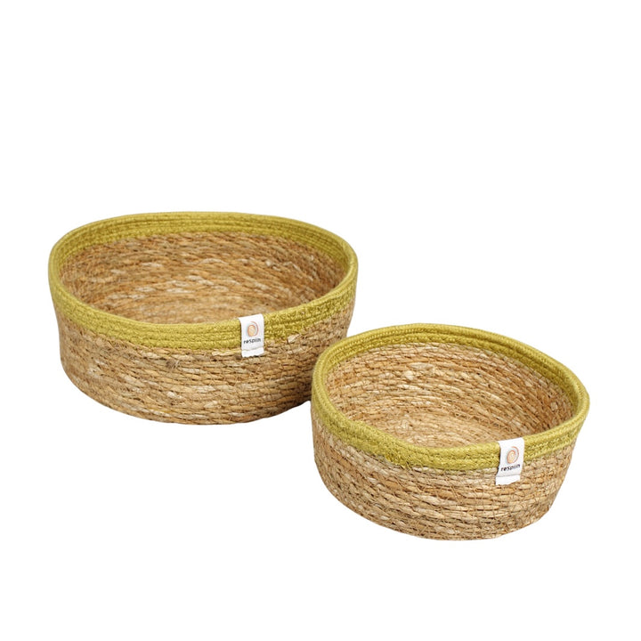 Seagrass & Jute Shallow Basket Set of 2 - Natural/Green