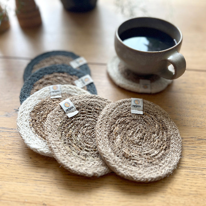 Set of 6 Seagrass & Jute Coasters - Naturals