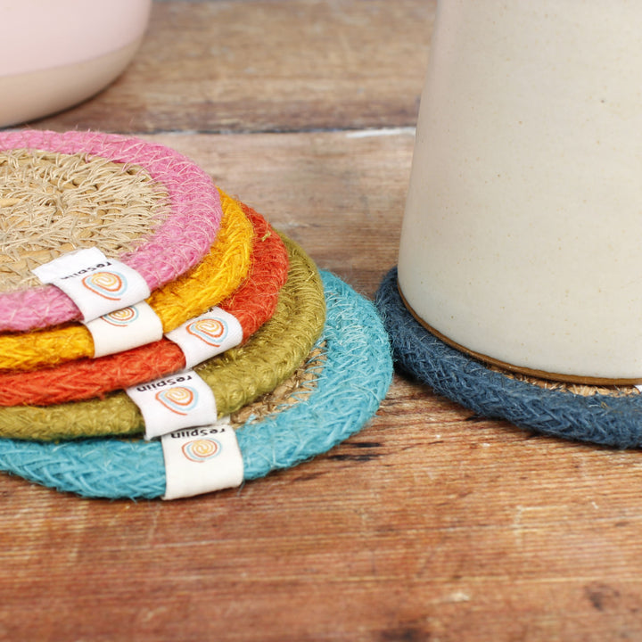 Set of 6 Seagrass & Jute Coasters - Rainbow