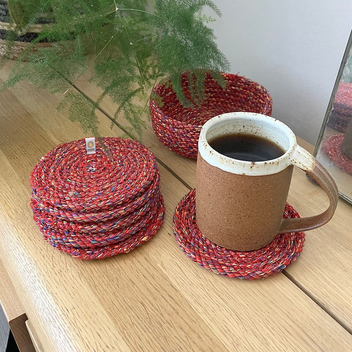 Recycled Cotton Coasters with Holder - Set of 6 - Multicoloured