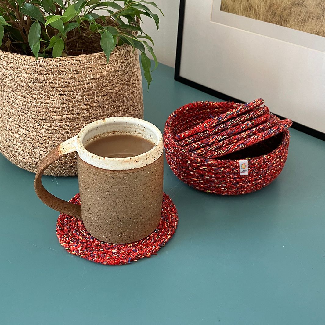 Recycled Cotton Coasters with Holder - Set of 6 - Multicoloured